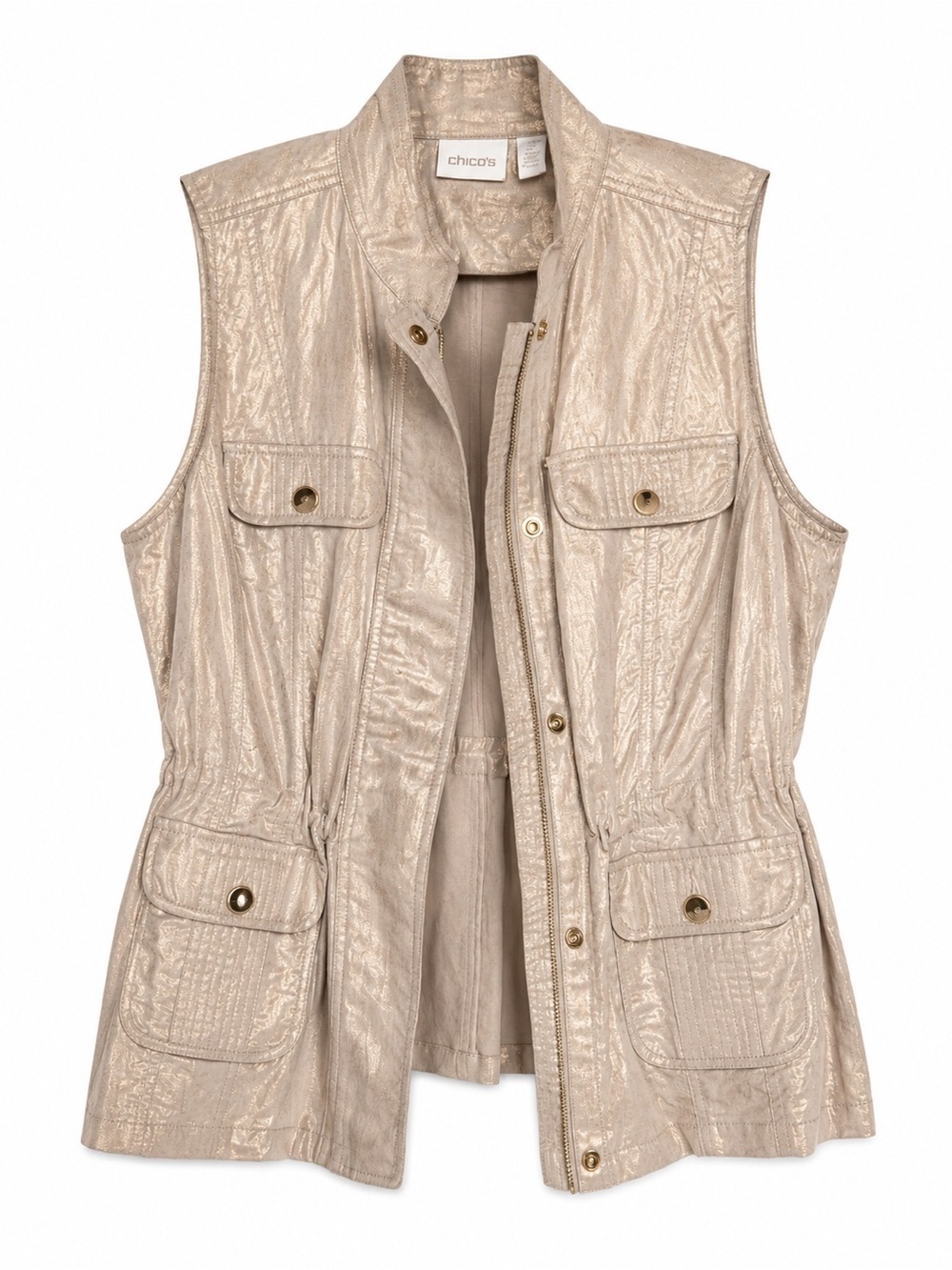 Chico’s Size 2 Linen Cotton Metallic Utility Safari Vest Gold Beige Pockets - Picture 3 of 11